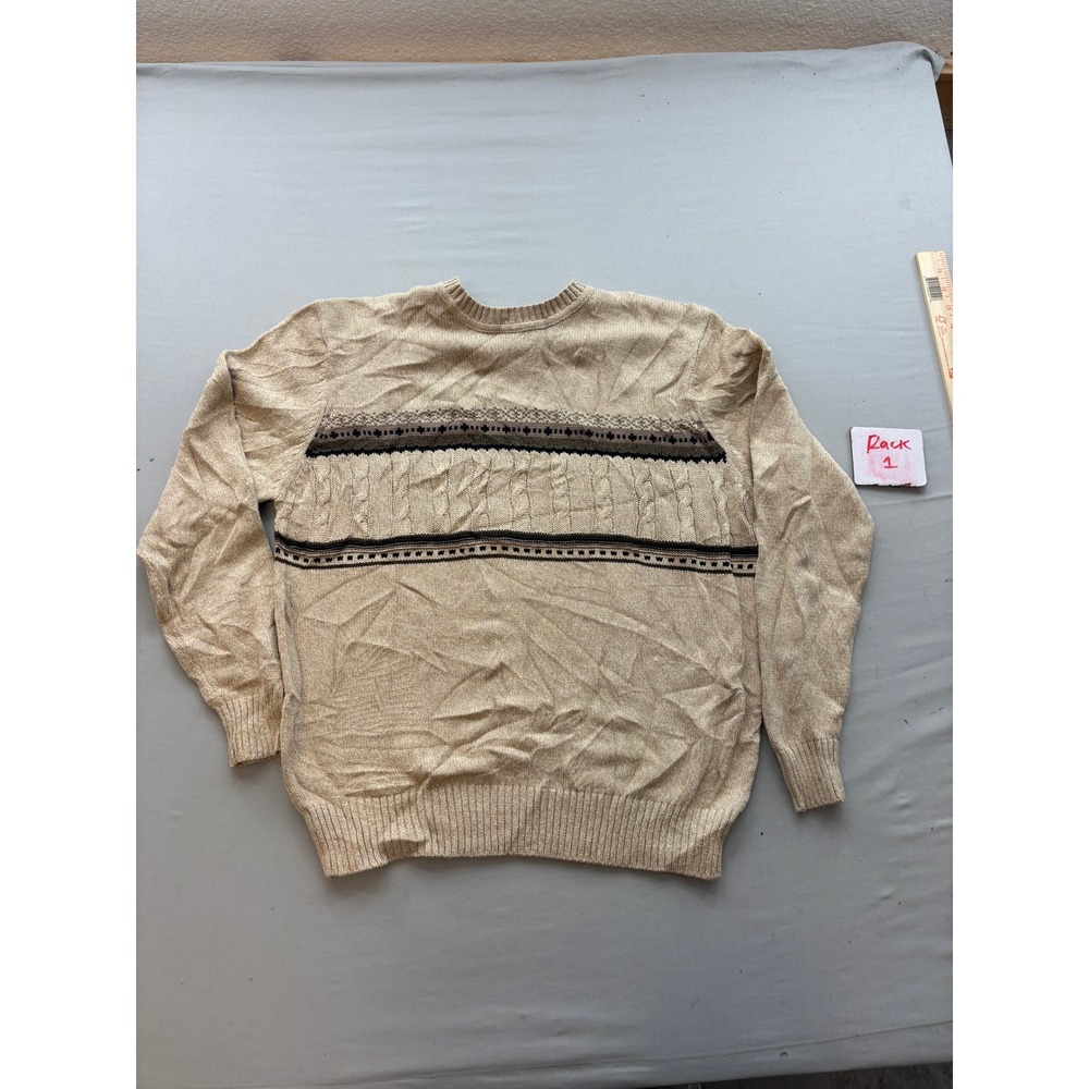 Dockers Mens Small Tan Cotton Crewneck Sweater Fair Isle Cable Knit Pullover